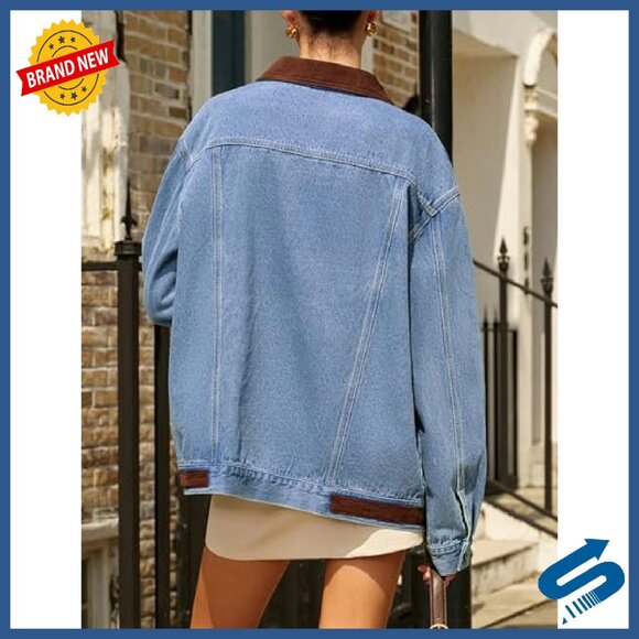 Oversized Denim Jacket Women Long Sleeve Button Down Barn Coat - Picture 3 of 6